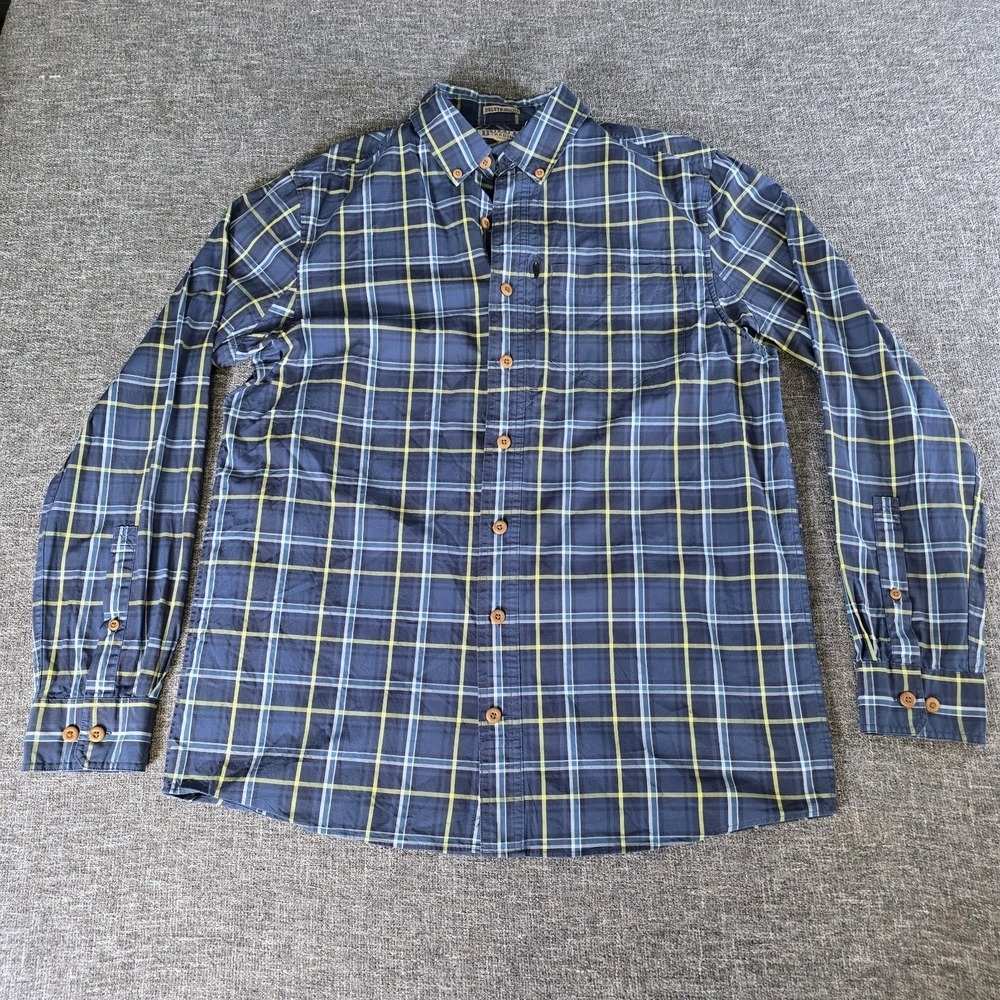 Duluth Trading Co Untucked Navy Blue Yellow Plaid Long Sleeve Shirt Mens
